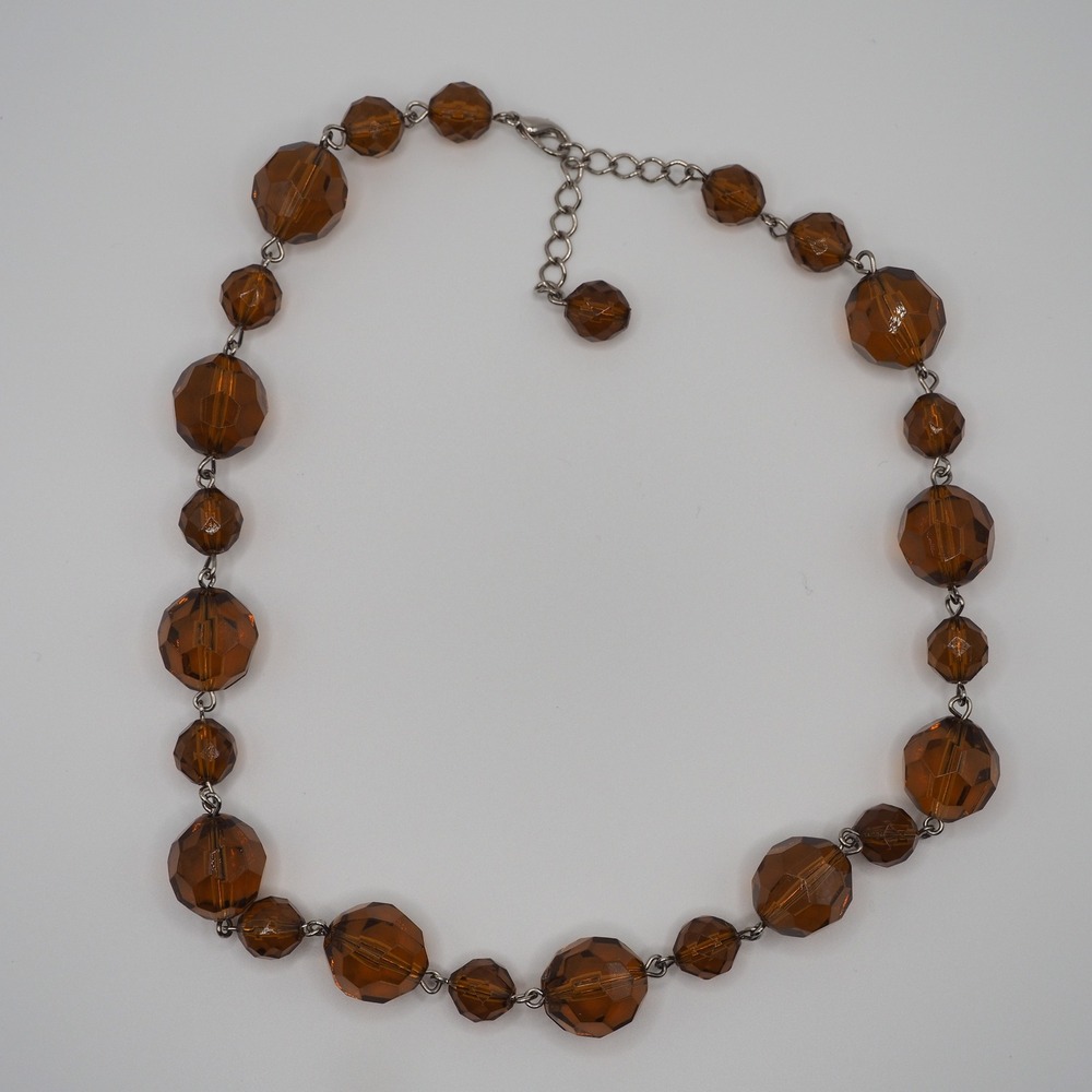 Vintage Necklace Brown Faceted Bead Link Silver Tone Princess Length Statement